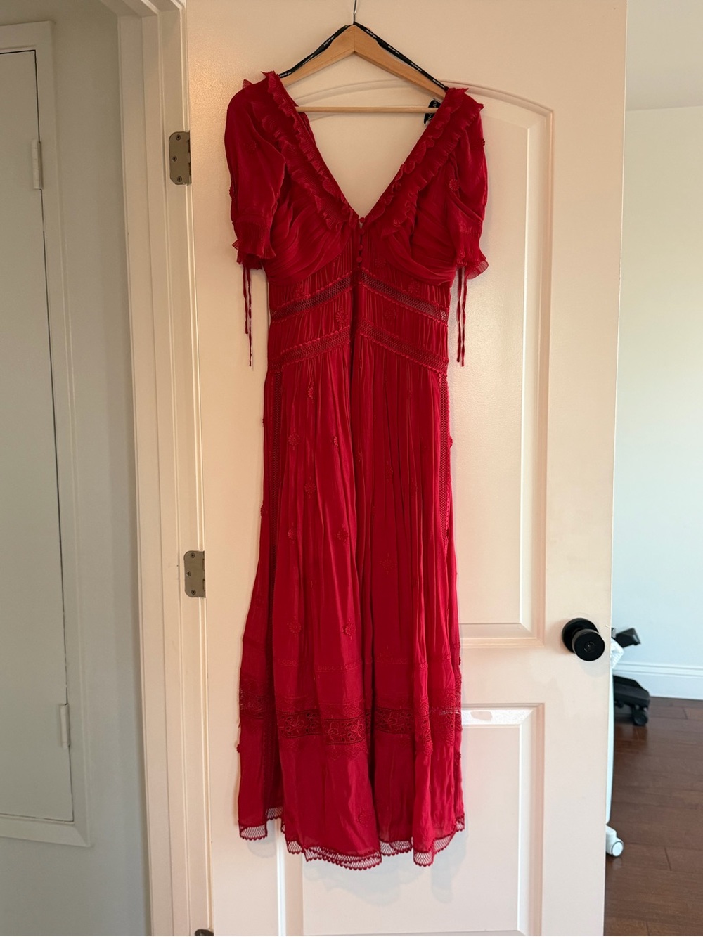 Self-Portrait Red V-Neck Maxi Dress with Lace Insets